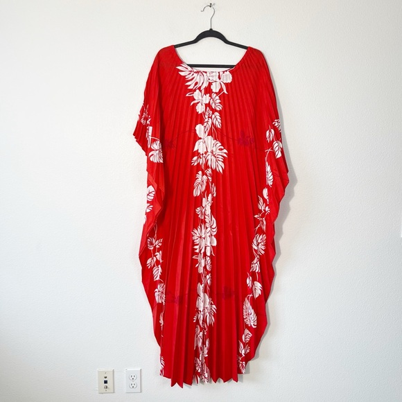 Vintage Resort Line Hawaiian Kaftan Floral Pleated MuuMuu Dress One Size - Picture 2 of 6